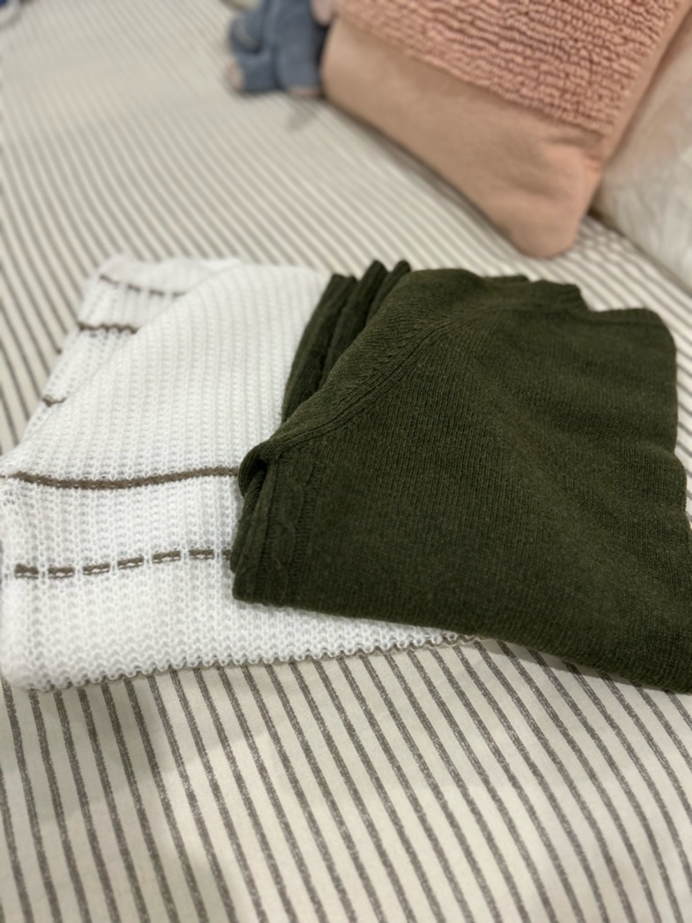 Two Sweaters White and Olive Green Knit Sweaters